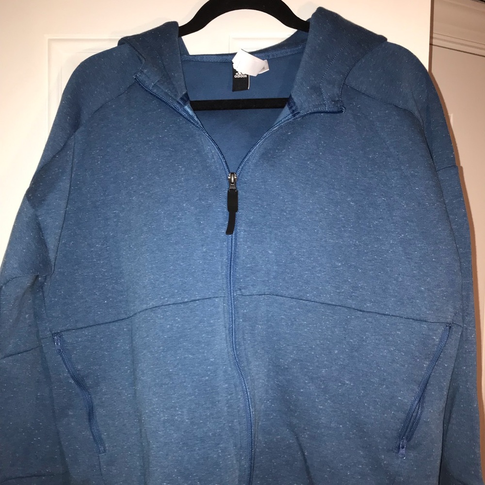 Adidas blue zip up hoodie with “wanderlust” sleeve